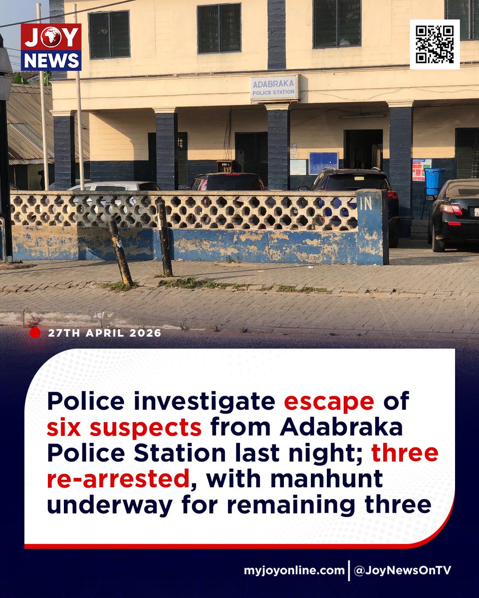 Joy997FM's tweet image. @JoyNewsOnTV Police investigate escape of six suspects from Adabraka Police Station last night; three re-arrested, with manhunt underway for remaining three

#JoyNews #Viral #Explorepage #Ghana #JoyFM #GhanaNews #Ghana #NewsUpdate #Africa #GhPolitics #News #AfricaNews