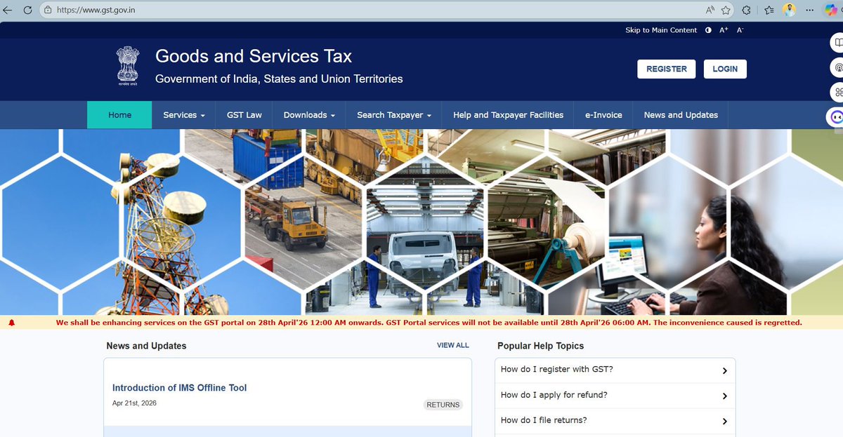 carajendra89's tweet image. GST Portal maintenance alert:

Services will be unavailable on 28 April 2026 from 12:00 AM to 6:00 AM due to system enhancement.

Plan your filings and compliance activities accordingly. #GST #Compliance