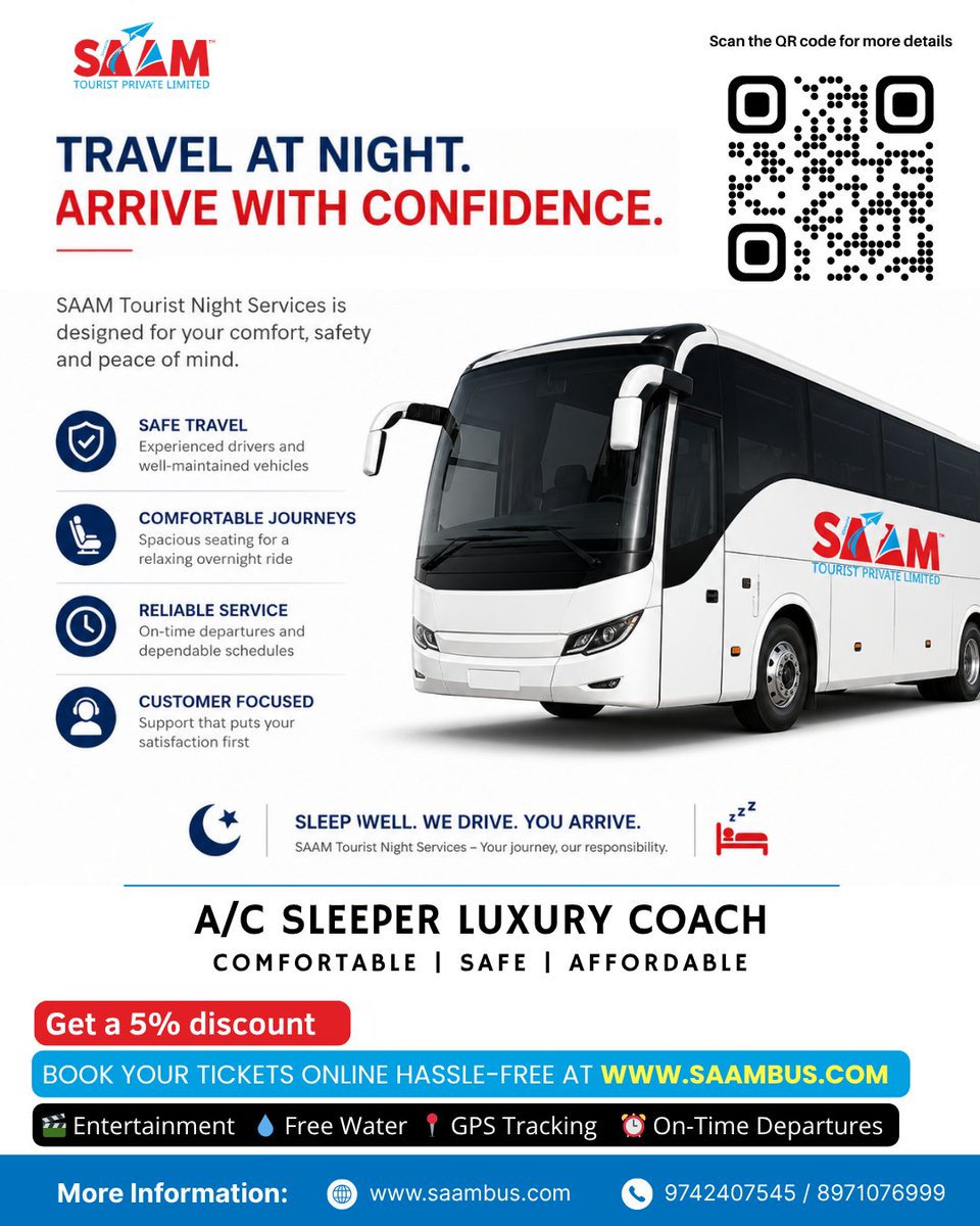 SAAMTOURIST's tweet image. Travel through the night with confidence. 
#SAAMTourist Night Services offers safe, comfortable, and reliable overnight journeys designed for a smooth travel experience.
Sleep comfortably. We drive. You arrive refreshed.
#NightServices #TravelSmart #SafeTravel #ComfortJourney