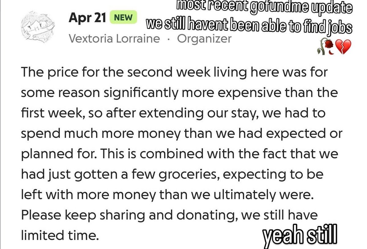 bintendo_64's tweet image. most recent gofundme update
please PLEASE keep donating, donations have completely stalled and we really really need the help because nobody is hiring us
gofund.me/8061301fa
#gofundme #helpneeded #transhelp #lgbtqhelp