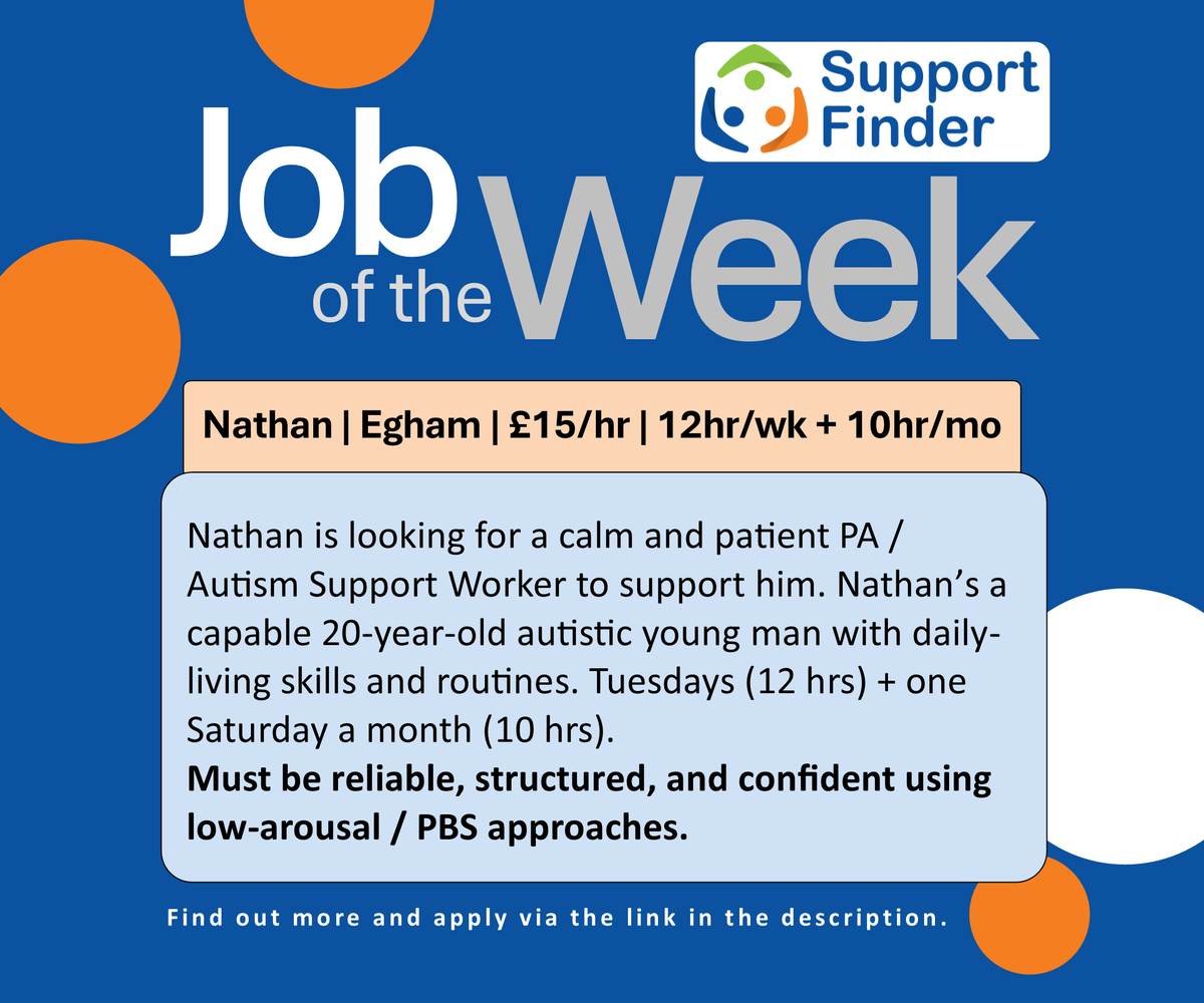 Support_Finder's tweet image. Job of the Week: Nathan is looking for a calm and patient Autism Support Worker to assist him. You can apply through Support Finder.
Direct job link: supportfinder.org.uk/listings/emplo…

#FindAJob #WorkInCare @JCPSurreySussex