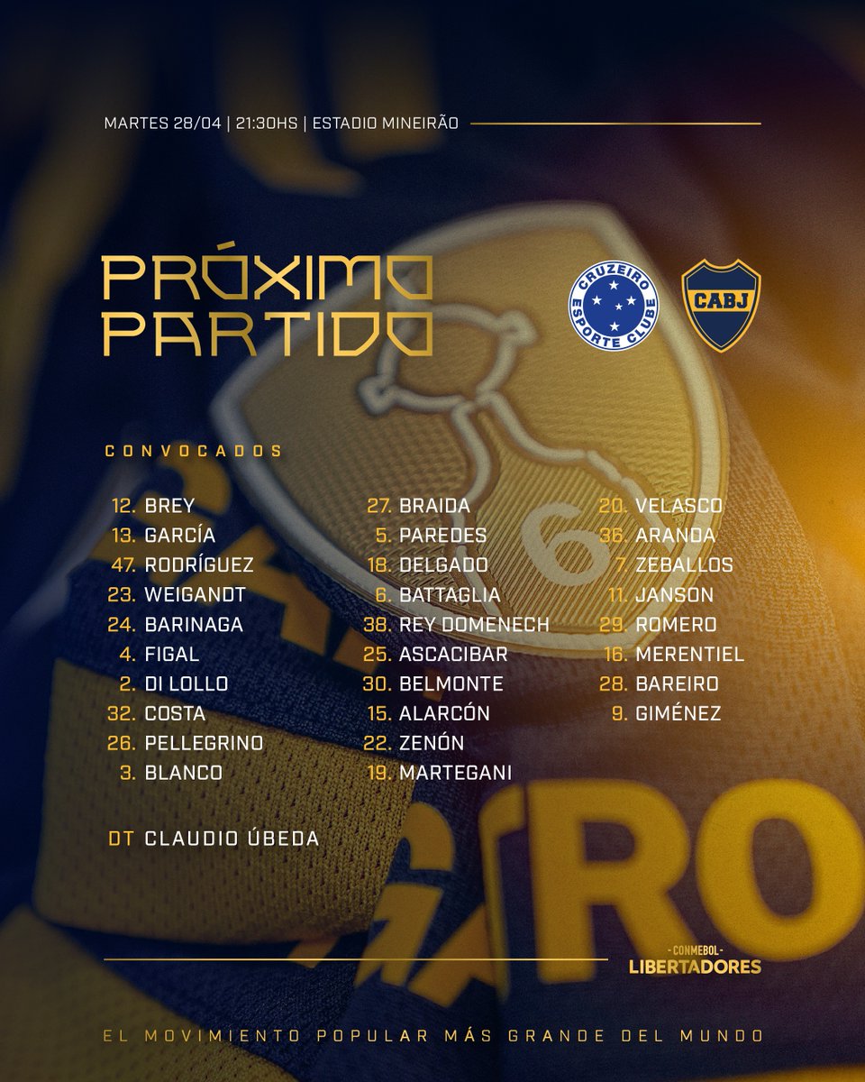 🔜 ¡𝗣𝗥𝗢́𝗫𝗜𝗠𝗢 𝗣𝗔𝗥𝗧𝗜𝗗𝗢!

🏆 #Libertadores
🆚 Cruzeiro
🗓 Martes 28/04
🕙 21:30
🏟 Estadio Mineirão
💻 @elcanaldeboca

#DaleBoca 🔵🟡🔵