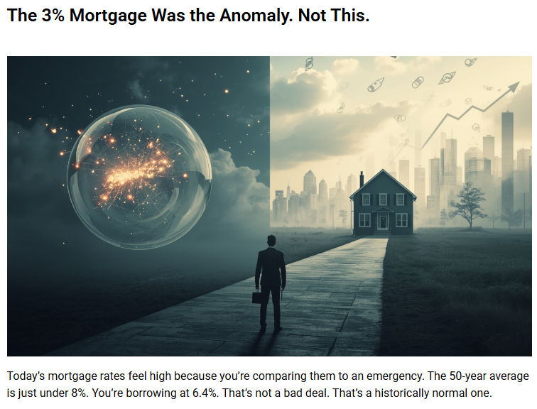 WealthXLiberty's tweet photo. The 3% mortgage wasn’t normal - it was a temporary response to a crisis.
Today’s rates may feel high, but historically, they’re right in line with what’s normal.
The real risk isn’t the rate - it’s waiting for an anomaly to return. https://t.co/VvcniOr52j