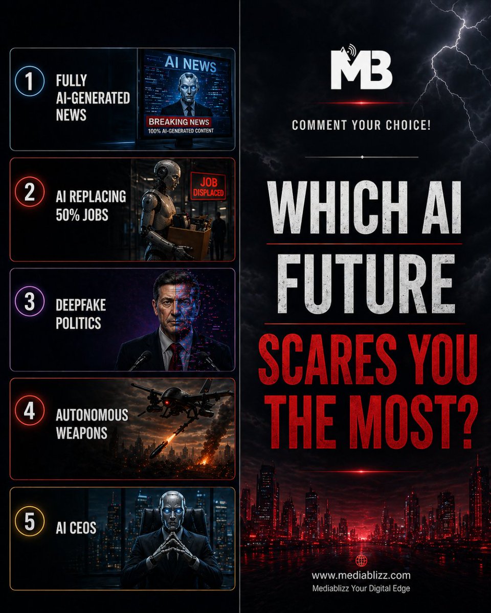 mediablizzinfo's tweet image. 🚨 AI isn’t coming… it’s already here.

From fake news to job losses, from deepfakes to AI leaders; the future is changing faster than we think.
But the real question is 👇
👉 Which AI future scares YOU the most?
Comment your pick (1–5) 👇

#ArtificialIntelligence #TechTrends