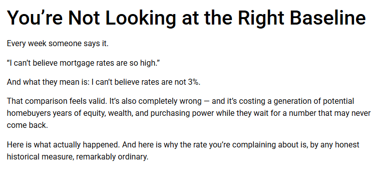 WealthXLiberty's tweet photo. The 3% mortgage wasn’t normal - it was a temporary response to a crisis.
Today’s rates may feel high, but historically, they’re right in line with what’s normal.
The real risk isn’t the rate - it’s waiting for an anomaly to return. https://t.co/VvcniOr52j