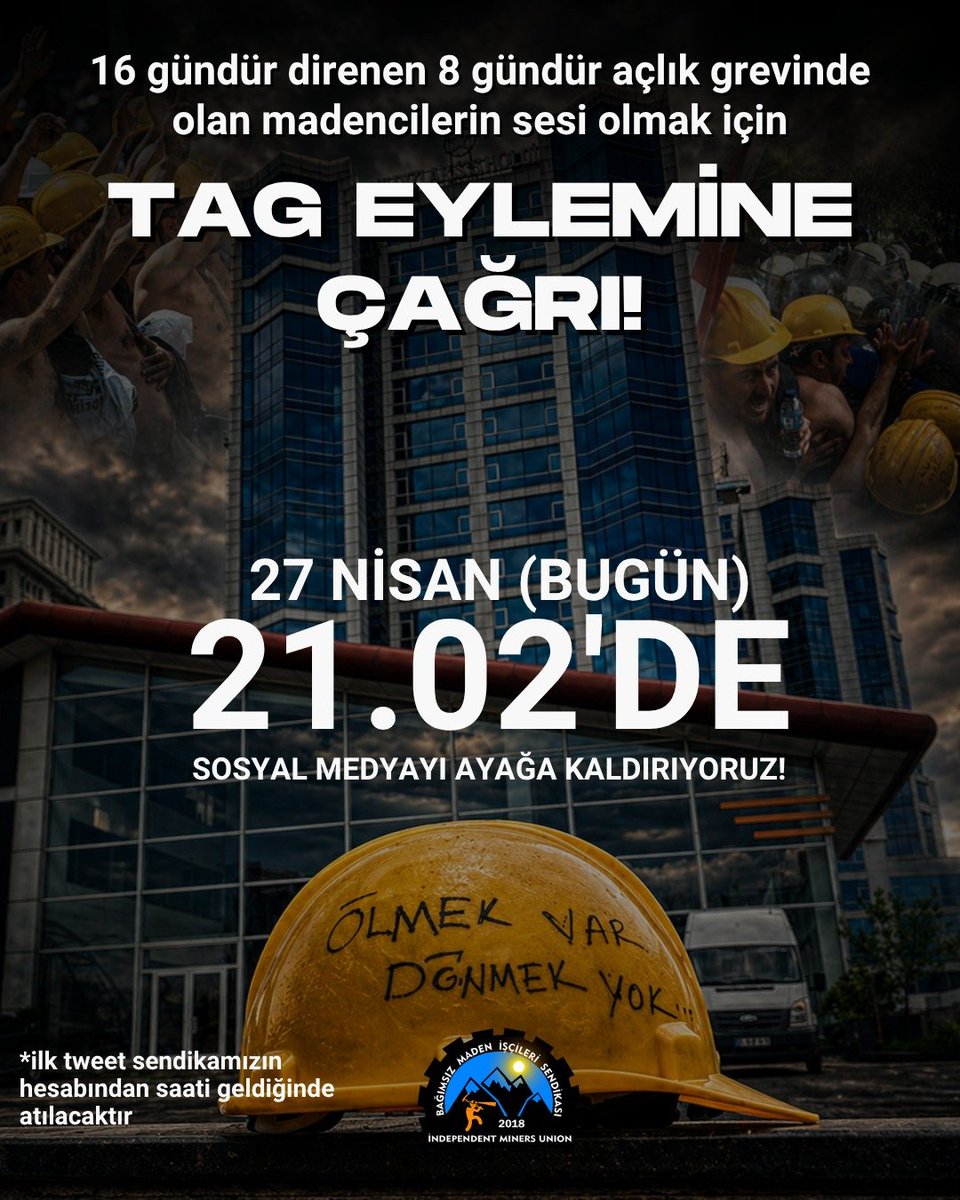 TAG EYLEMİNE ÇAĞRI!

16 gündür direnen, 8 gündür açlık grevinde olan madenciler bugün biber gazıyla saldırıya uğradı. Genel Başkanımız Gökay Çakır ve Başaran Aksu gözaltına alındı.

Saat 21.02'de madenciye ses oluyoruz! Tag X hesabımızdan duyurulacaktır.