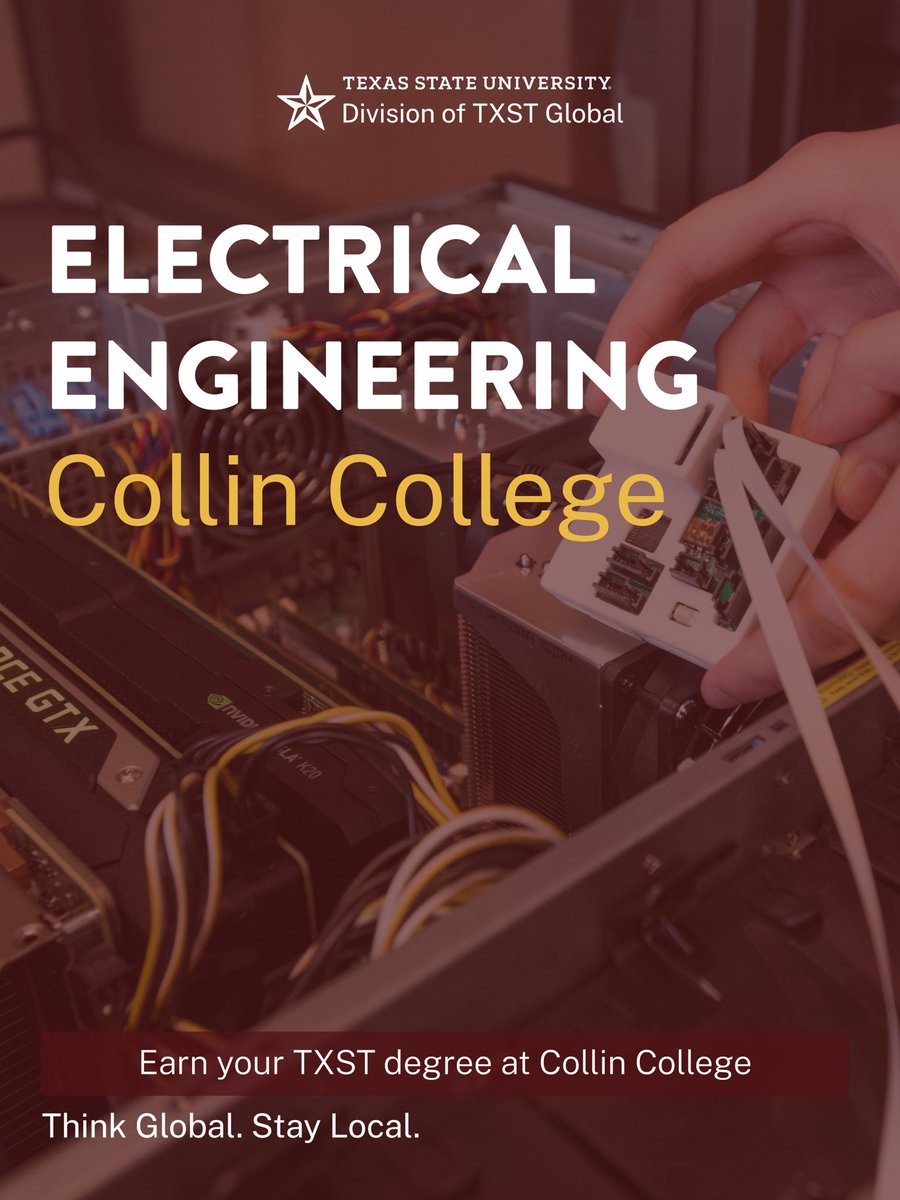 TXSTLocal's tweet photo. Earn your @txst Electrical Engineering degree closer to home ⚡️

Start your journey @collincollege and learn how @txstlocal is built for your story 

Contact: Txstlocals@txstate.edu 

🔗Learn more at link in bio 

Think Global. Stay Local. 
#txst #electricalengineering https://t.co/6EJJSsRPyC