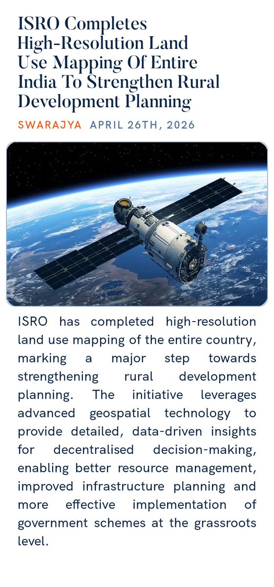 mylaraprem's tweet image. #PM #Prime #to #ISRO #India #IndianAirForce #IndianArmy #indiannavy #Challenge #Honorable @BJP4India @BJPLive @IndiaToday @BJP4Karnataka 
ISRO Completes High-Resolution Land Use Mapping Of Entire India To Strengthen Rural Development Planning

swarajyamag.com/tech/isro-comp… via NaMo App