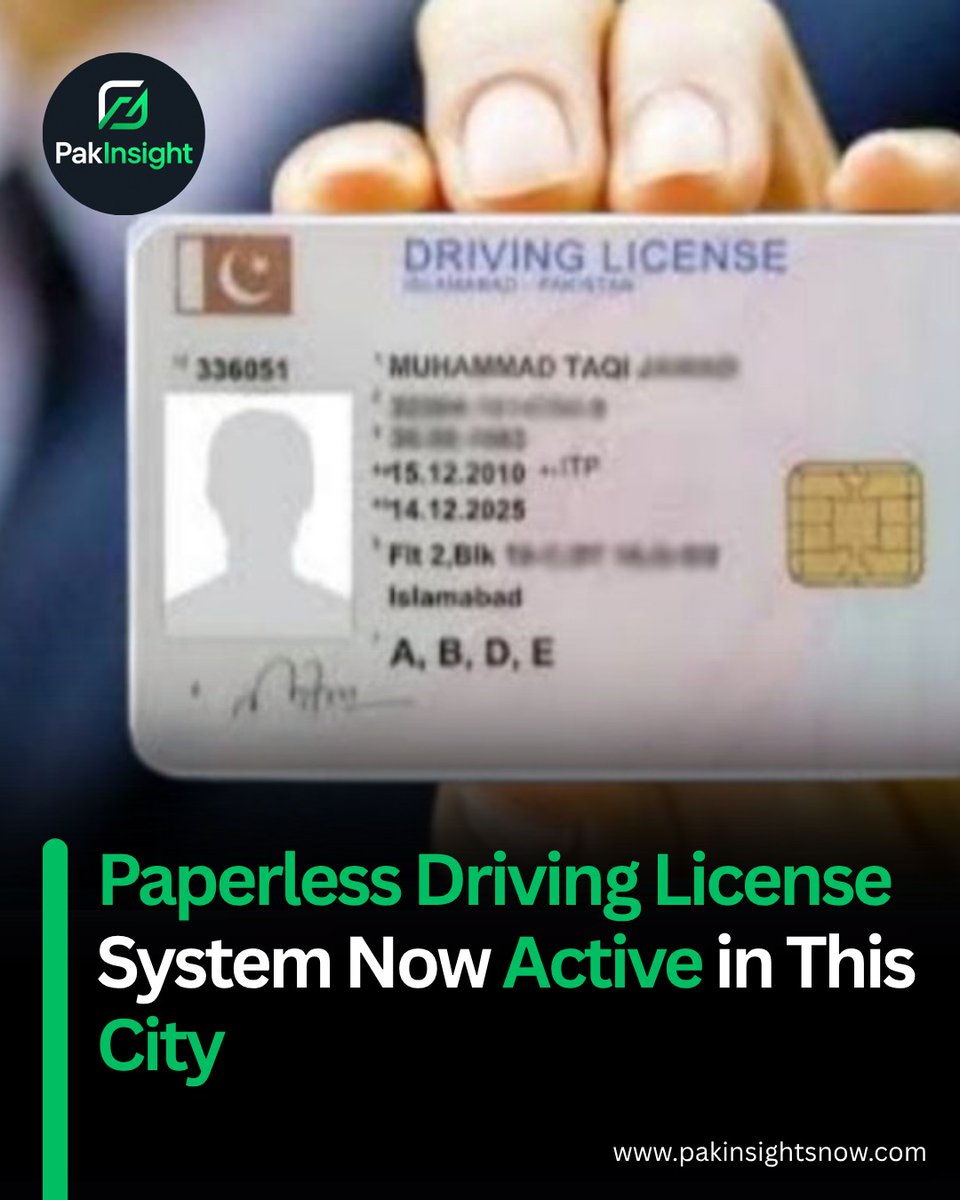 pakinsightsnow's tweet image. Islamabad has launched a paperless driving license system, making the entire process fully digital. Citizens now only need their...

Read more:
pakinsightsnow.com/paperless-driv…

#PakistanNews #Islamabad #DrivingLicense #pakinsightsnow #DigitalPakistan #PaperlessSystem
