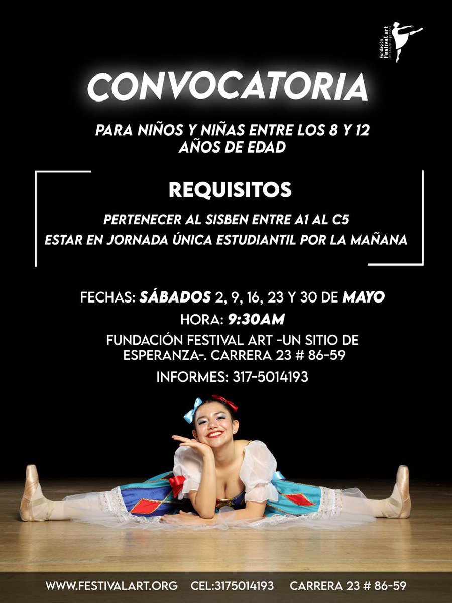 FESTIVALART13's tweet photo. @AlcaldiaBUnidos @Educacionbogota @Bogota @CarlosFGalan ¡CONVOCATORIA PARA NIÑOS Y NIÑAS ENTRE LOS 8 Y 12 AÑOS DE EDAD! 
⭐ REQUISITOS:
1. Pertenecer al SISBEN entre el A1 al C5.
2. Estar en JORNADA ÚNICA ESTUDIANTIL POR LA MAÑANA.
Fechas: Sábados 2, 9, 16, 23 y 30 Mayo. 9:30 am https://t.co/fVWcgpDbpL