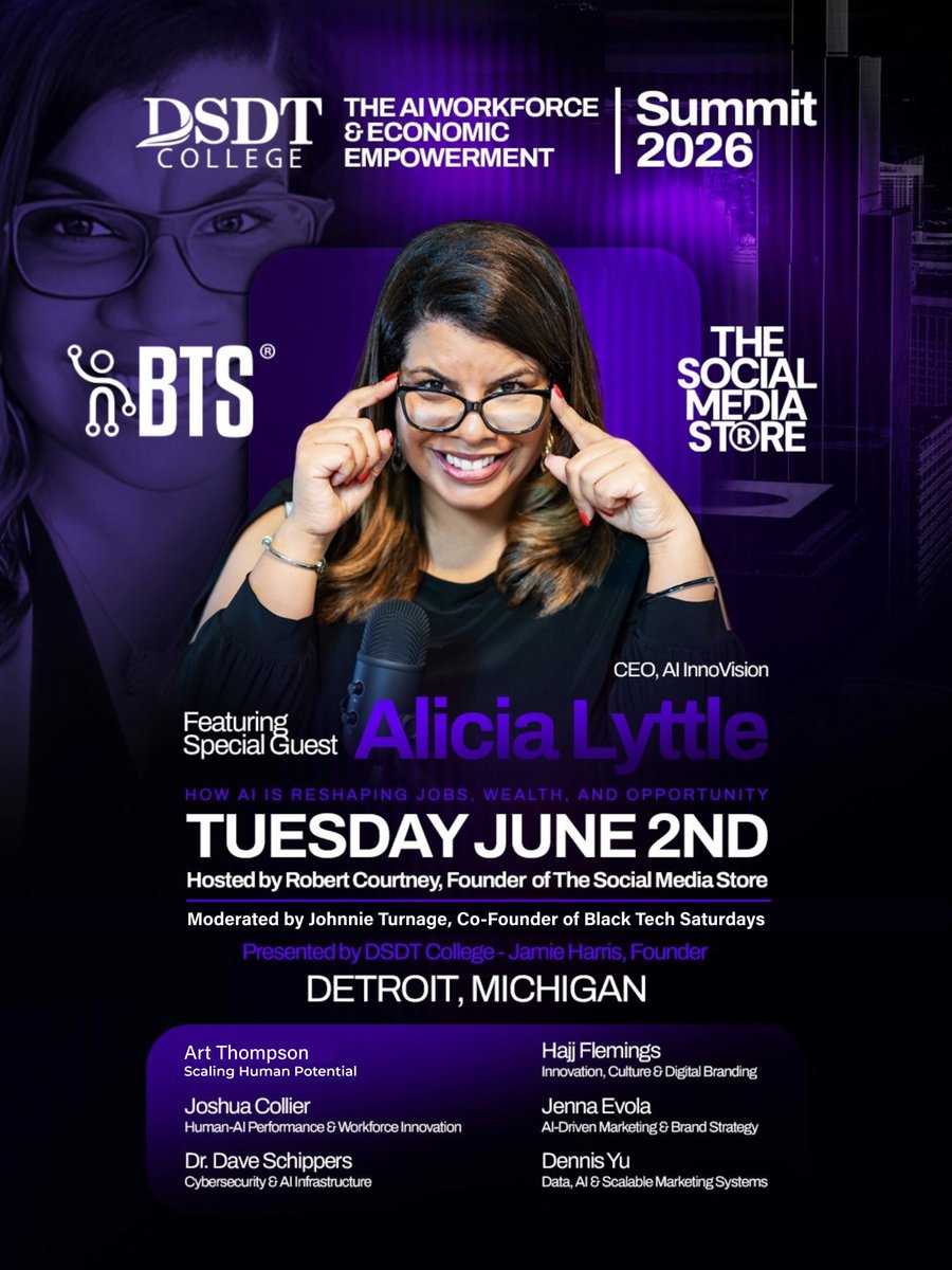 dsdtedu's tweet image. Presented by DSDT College

Detroit: AI is already reshaping work &amp;amp; income.

June 2 — AI Workforce &amp;amp; Economic Empowerment Summit 2026

Learn how to use AI to grow income, scale business, and access new careers.

🎟 lnkd.in/eFMT6umS

#Detroit #AI #FutureOfWork