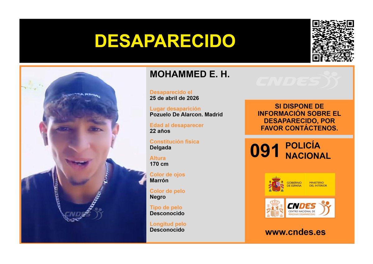 cndes_oficial's tweet image. ⚠️ 𝘼𝙇𝙀𝙍𝙏𝘼⚠️
🚹DESAPARECIDO
Edad 22 años
🧐visto por última vez #PozuelodeAlarcón #Madrid
🔄 RT para ayudar a encontrarlo
Si lo has visto o tienes pistas 📩cndes-web.ses.mir.es/publico/Desapa…
📞091 @policia
🔗 Canal oficial @cndes_oficial
#desaparecido