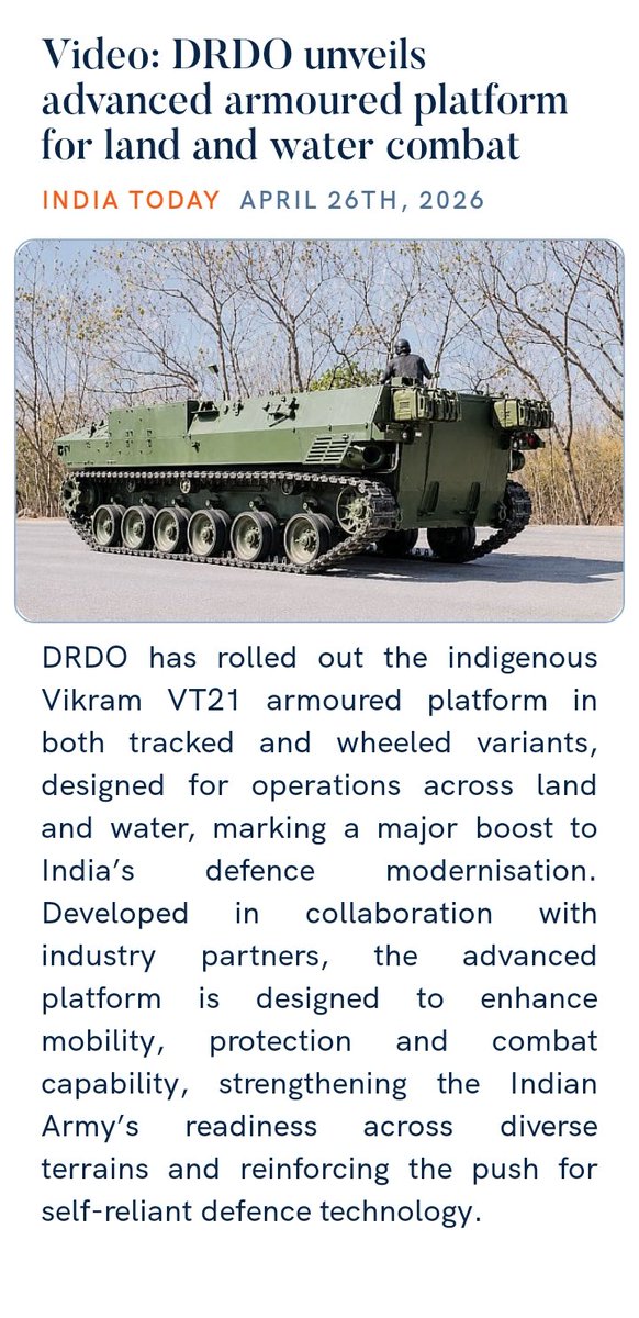 mylaraprem's tweet image. #PM #Prime #to #ISRO #India #IndianAirForce 
#IndianArmy #indiannavy #Challenge #Honorable 
@BJP4India
@BJP4Karnataka
@BJPLive

@Video: DRDO unveils advanced armoured platform for land and water combat

indiatoday.in/amp/india/stor… via NaMo App
