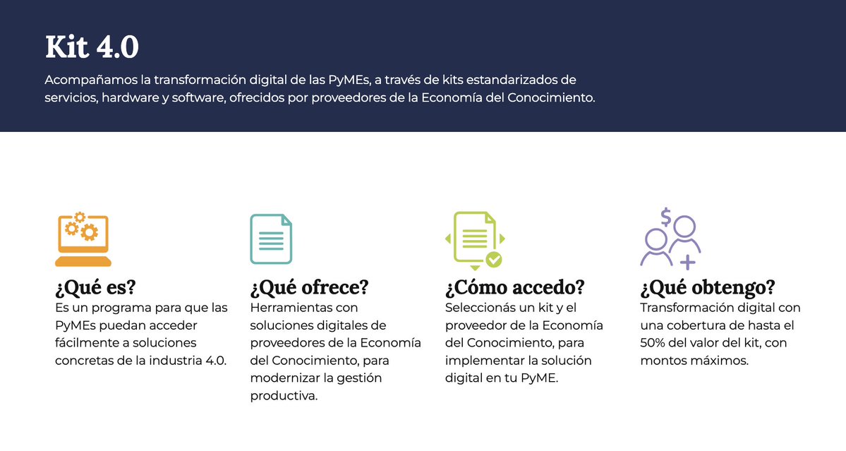 El gobierno nacional mediante la Subsecretaría de Industria y Economía del Conocimiento de <a href="/danielavramos/">Daniela Ramos</a> anunció "Kit 4.0", un plan para subvencionar el 50% del costo de la transformación digital de PyMEs.

La PyME paga el 50% al proveedor elegido y el otro 50% se lo deposita el