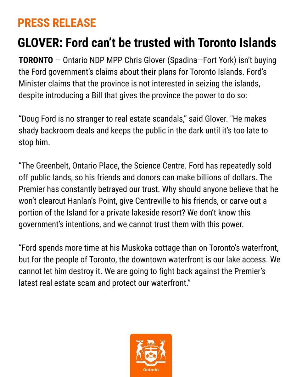 chrisglover's tweet image. Doug Ford can't be trusted with the Toronto Islands. See my statement to the media below.

#ONpoli
