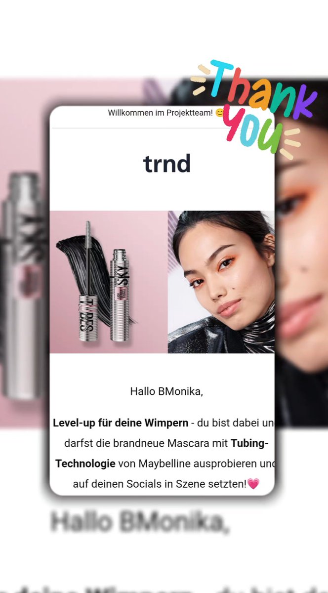 MonikaBankos's tweet photo. Werbung   
Ich bin dabei – und darf die brandneue Mascara mit Tubing-Technologie von Maybelline ausprobieren!   Vielen Dank, dass ich das testen darf!   
Habt ihr schon Erfahrungen mit Tubing-Mascaras gemacht?   
@trnd  @maybelline_de #trnd #trnd_skytubes #skytubes #maybelline https://t.co/fefs5S1Wwb