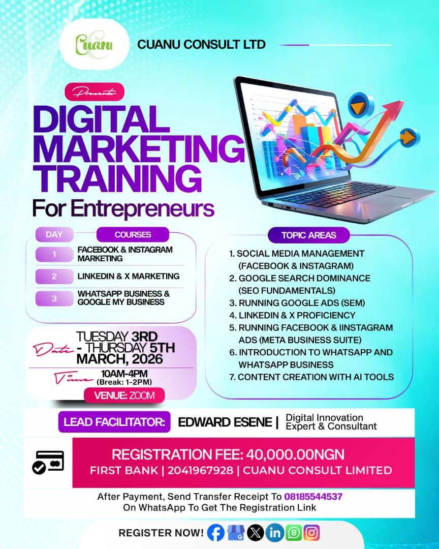cuanuresources's tweet image. 3-day Cuanu Consult Virtual Digital Marketing Training was a success!

Theory + practicals, assessments, assignments &amp;amp; certificates. Thanks to @EdwardEsene2 and co facilitators at @plusIncubation Congrats participants—ready to win online! #Cuanu 
#Growth 
#Skills2026
#Mondaywork