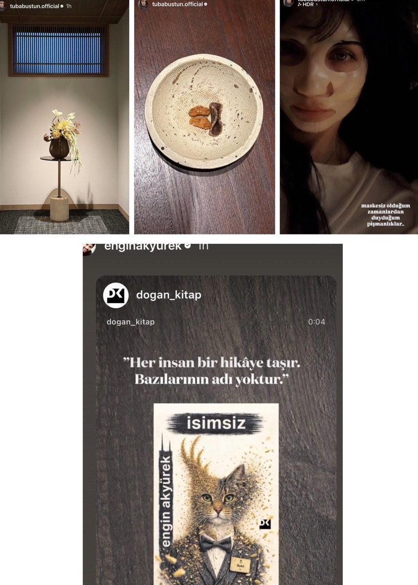 cherfrank's tweet photo. Musings…
Viewed next to each other there is strong thematic and visual synchronicity between Tuba’s stories and Engin’s story…

Tuba’s posts include cultural details that are unmistakably Japanese. The Ikebana inspired Japanese flower arrangement is an art form where the primary goal is to bring nature and humanity closer together…so similar to the themes expressed in Engin’s new book “Isimsiz”. The setting of this post is also Japanese inspired…the alcove (Tokonoma) is a sacred space where you place the things most precious to you. The traditional slatted Japanese Shoji-style window creates intentional privacy and the shadows it creates adds a little mystery. Similar to what we see in Engin’s short stories. 

Another photo reveals a typical Japanese snack consisting of walnut halves and dried fruit served in a traditional ceramic bowl. Combining the "protective" walnut with the fruit symbolizes a relationship that is both secure and filled with sweetness. 

And finally, while sheet masks are popular worldwide, Japan is a world leader in skincare and "mask culture."  

Tuba’s story on the left was posted at nearly the same time as Engin’s. Taken together Tuba’s posts are the visual equivalent (anonymous stories) to the text in Engin’s post: "Her insan bir hikâye taşır. Bazılarının adı yoktur" ("Every person carries a story. Some have no name"). 

With no context, no location, no caption, Tuba’s stories remain “nameless”.  But like Engin’s stories they remain open to interpretation.
Wherever Tuba is, she is enjoying the benefits of “a mask” a confirmation that some things  remain hidden and “nameless”. 

One thing we know for sure…you don’t need a name to be real. 
#TubaBüyüküstün 
#EnginAkyürek 
#Isimsiz
#EnTu