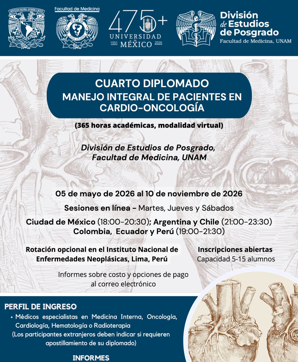 FacMedicinaUNAM's tweet photo. ¿Eres especialista en Medicina Interna, Oncología, Cardiología o Radioterapia? Fortalece tu criterio clínico con el diplomado en Cardio-Oncología. 🧠 Sesiones en línea los martes, jueves y sábados. ¡Asegura tu lugar y profesionaliza tu práctica! 💻🩺 

#SomosFacMed https://t.co/wLU9FCllHO