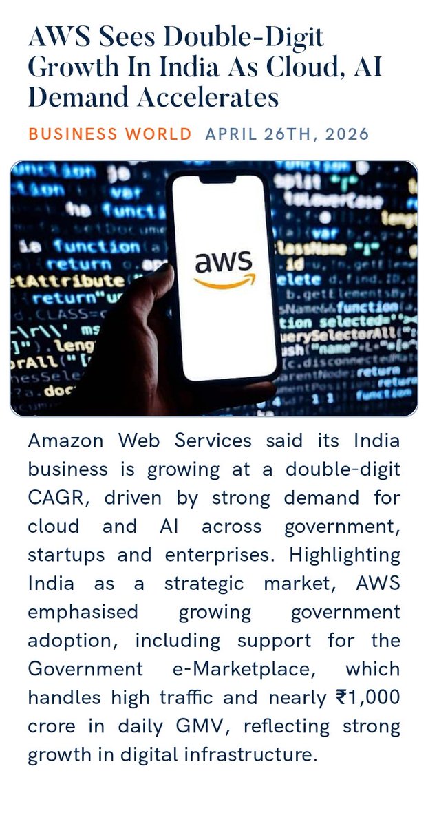 mylaraprem's tweet image. #PM #Prime #to #ISRO #India #IndianAirForce #IndianArmy #indiannavy #Challenge #Honorable 
@BJP4India
@BJP4Karnataka
@indiatoday

#AWS Sees Double-Digit Growth In India As Cloud, AI Demand Accelerates

businessworld.in/article/aws-se… via NaMo App