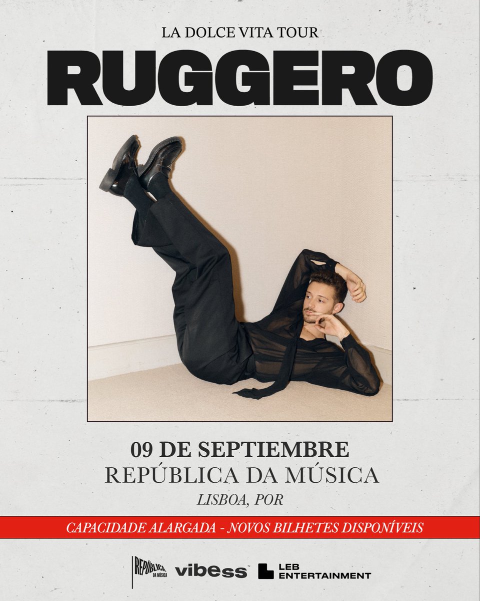 _ruggero's tweet image. Lisboa, vocês pediram! A partir de amanhã às 15h 🇵🇹, novos bilhetes estarão disponíveis para o show de 9 de setembro ❤️ Até breve, Amo vocês!