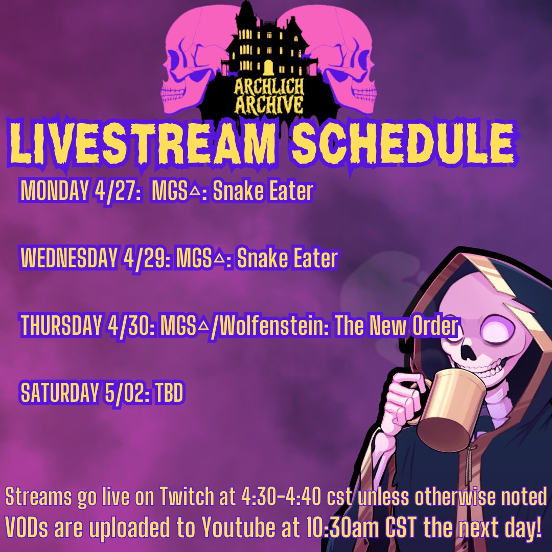 archlicharchive's tweet photo. Hi Skeleton Crew!  We're finishing up SNAAAAAAKEEEE EATERRRRR this week- once we complete Naked Snake's mission, we will be fulfilling our inglorious sub goal and playing WOLFENSTEIN: THE NEW ORDER.

I'm so happy to hang out with all of you! See you soon!

https://t.co/3CgCWCZway https://t.co/vCfxQNIWzA