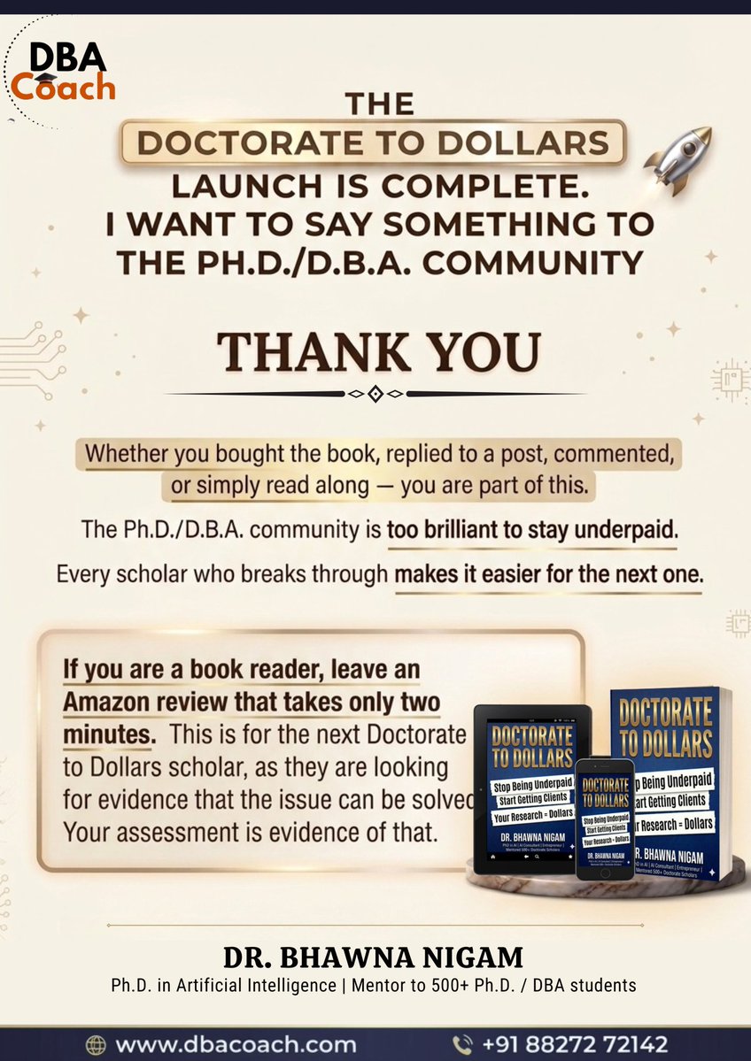 dba_coach's tweet image. The Doctorate to Dollars launch is officially a wrap! 🎓💰
A massive thank you to the community for the incredible support. We’re breaking the cycle of being underpaid, one scholar at a time.
Did you read it? Drop a review on Amazon and help the next person break through.
#PhD