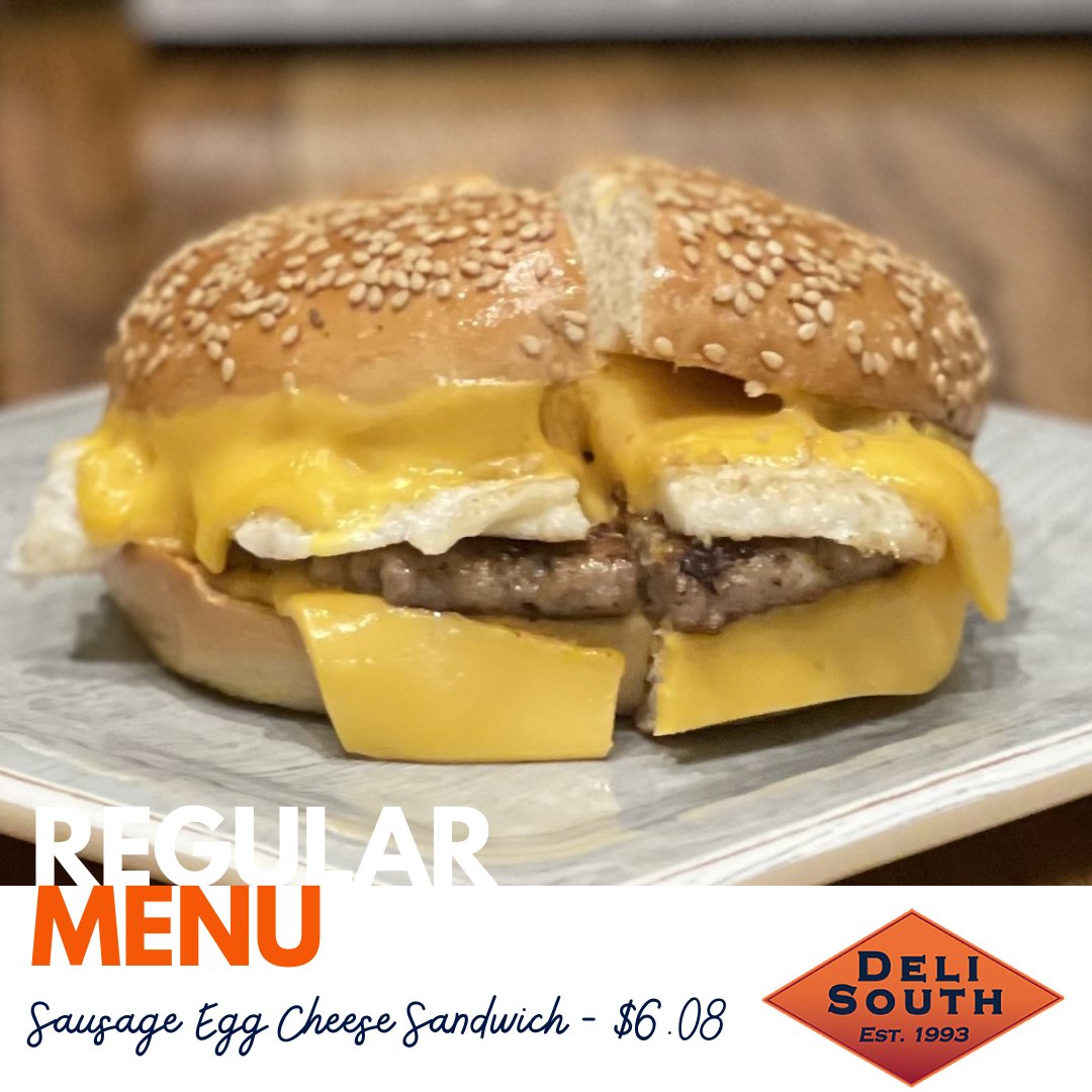 TheDeliSouth's tweet photo. Hot, melty, and made to hit the spot.
A savory sausage patty, fluffy egg, and melted cheese stacked on a toasted sesame bagel—this is breakfast done right. https://t.co/XVmmViVe49