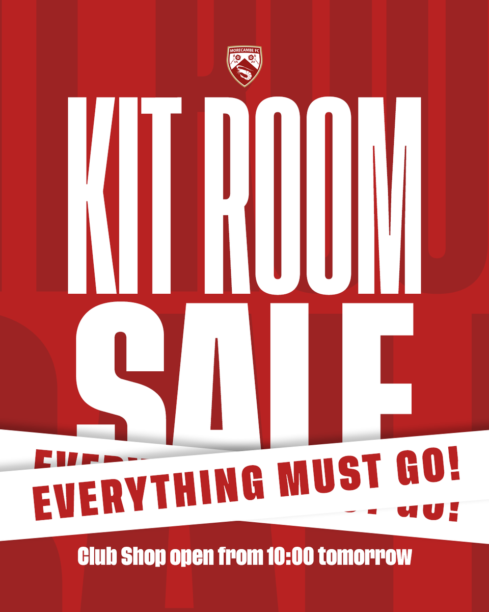 MorecambeFC's tweet image. Kit room sale - tomorrow, 10:00 👕

Training wear, match kit and more on offer for one day only. Be there early and purchase yours before it’s gone.

#UTS 🦐