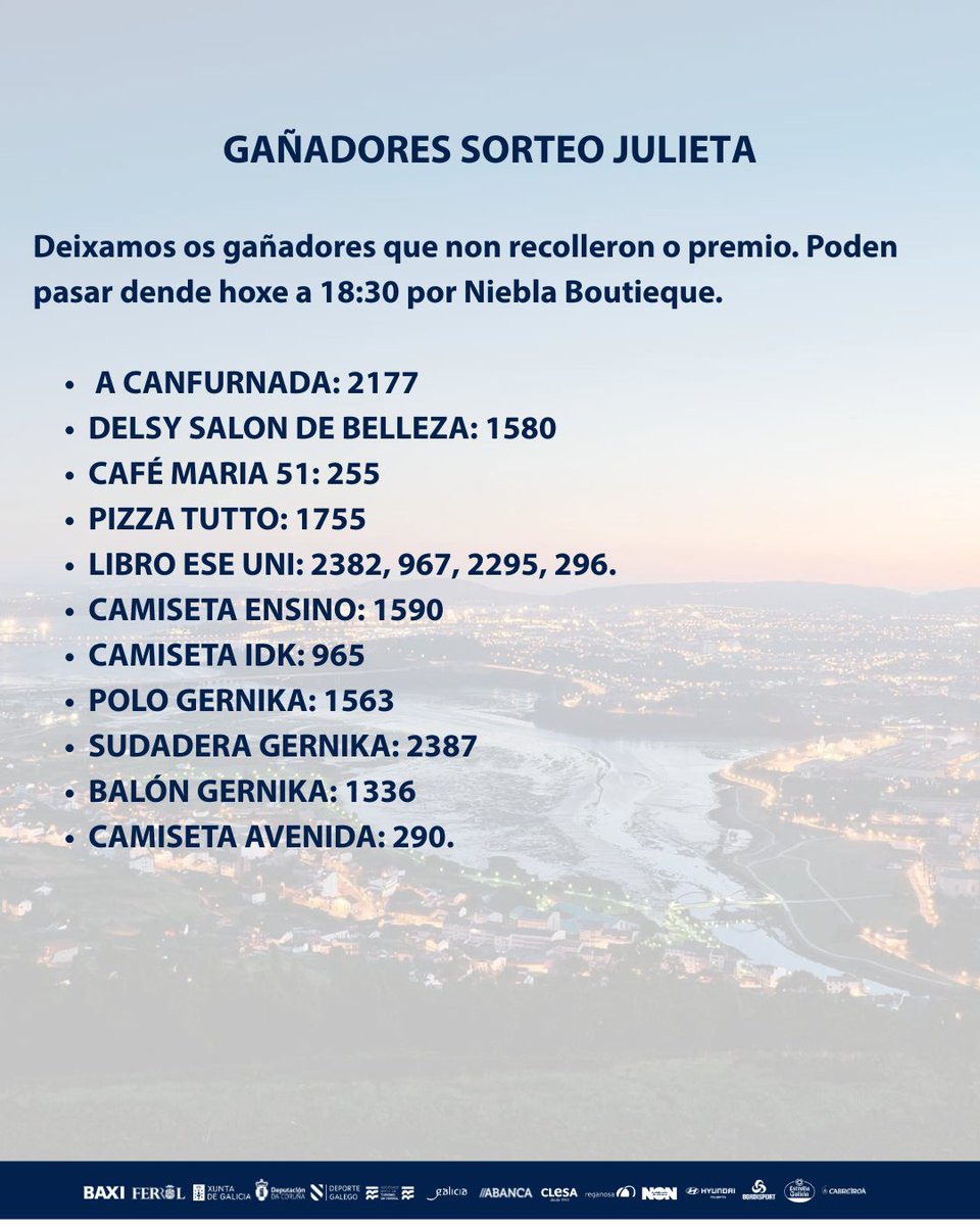 🎟️ Números premiados NON retirados 🎁

Estes son os números das rifas que resultaron premiadas e que aínda non foron recollidas:

📍 Niebla

⚠️ Lembrade traer a rifa correspondente para poder recoller o premio.

Grazas a todos/as pola vosa participación no partido solidario .