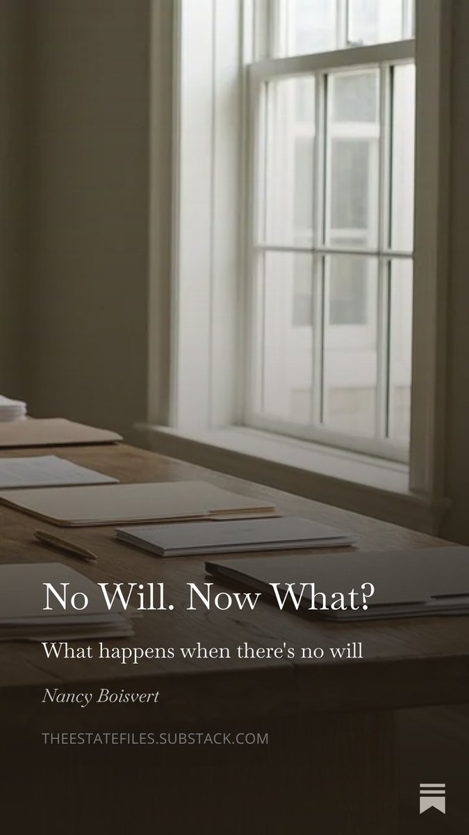 NancyBoisvert's tweet photo. Someone dies. There's no will. Now what?
When there's no will, the law decides. This week on The Estate Files, I break down what intestacy means and what comes next.
https://t.co/QLqy7qBPSJ
#intestate #nexsteps #estatefiles #estateadministration https://t.co/Wjy3pYhnH5