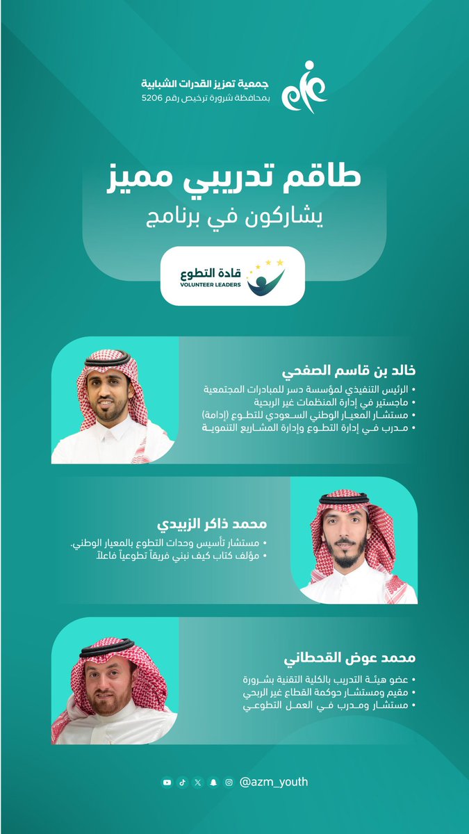 azm_youth's tweet photo. نخبة من الكوادر التدريبية المتميزة لبرنامج قادة التطوع ✨  

بخبراتهم وتجاربهم، نواصل صناعة الأثر وتمكين قادة الغد في العمل التطوعي

غدا باذن الله تبدأ رحلة ثرية بالمعرفة والتطوير 

#قادة_التطوع #العمل_التطوعي https://t.co/UK44YI1GkU