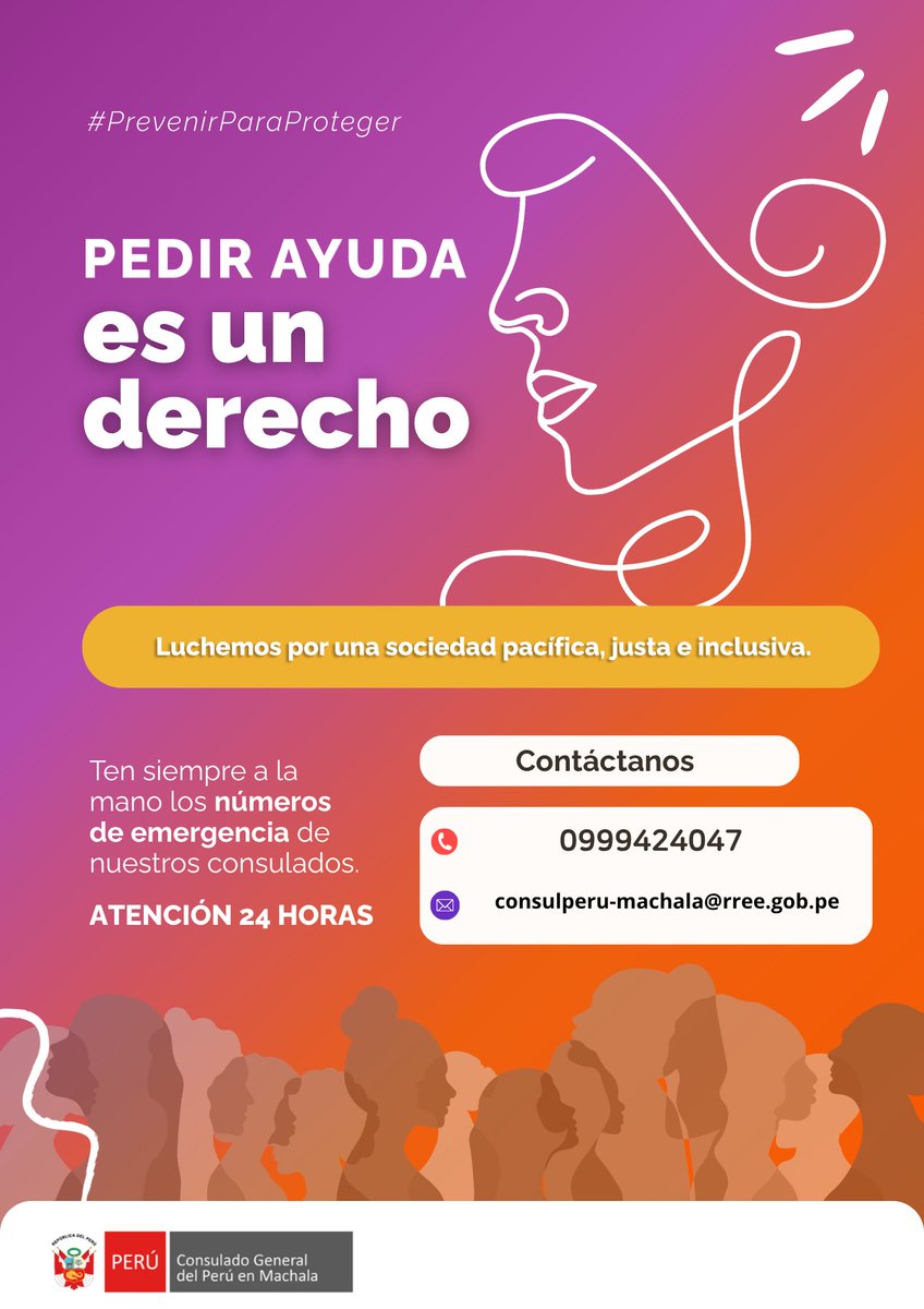 PeruEnMachala's tweet photo. #PrevenirParaProteger Si estás en #ElOro y eres víctima/conoces un caso de #violenciacontralamujer acude a las autoridades/nuestro #teléfonodeemergencia 0999424047. Si vives donde no tenemos consulado contacta a https://t.co/WZSi827Zn0
Por una sociedad pacífica, justa e inclusiva https://t.co/HL6rAhhN4A