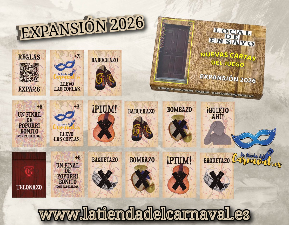 CarnavalTienda's tweet image. 🎭🃏 ¡Dale un giro a tus partidas con la expansión de «Local de Ensayo»!

Lleva tu juego al siguiente nivel con esta ampliación de 15 cartas.

¿Estás listo para el siguiente nivel? 😏

🌐 latiendadelcarnaval.es 
📍 Calle Rosa 17

#latiendadelcarnaval #cadiz #carnavaldecadiz