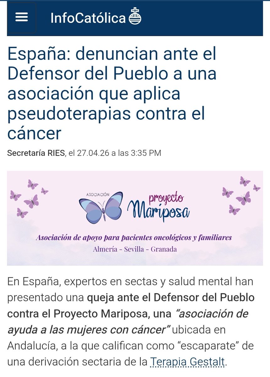 vaiconDios's tweet image. Varias personas nos hemos quejado ante el @DefensorPuebloE contra Proyecto Mariposa, que promueve pseudoterapias entre los pacientes de #cáncer y con el apoyo de la @AndaluciaJunta @saludand.
infocatolica.com/blog/infories.…
#StopPseudociencias #coNprueba @sanidadgob @vbaosv @apetp_