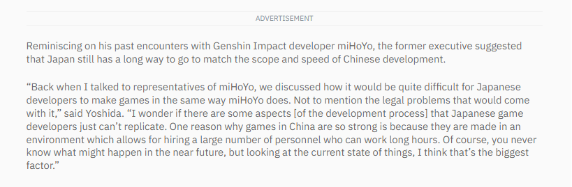 // Genshin/HSR is not high quality enough for such a statement //

That's because Shuhei Yoshida were talking to MiHoYo reps. This is what happens when Twitter is solely your source of opinion.