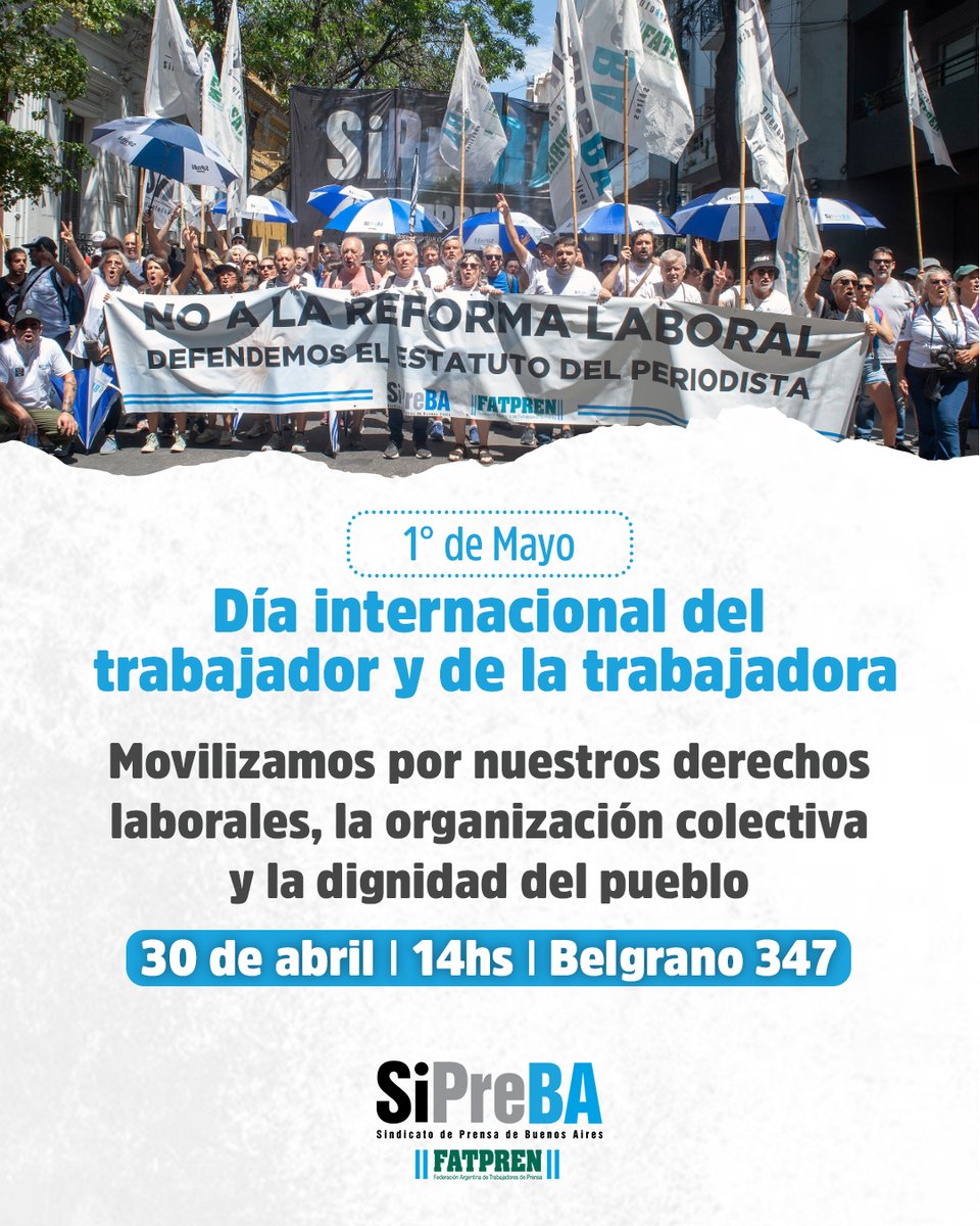 📢En la previa del #1deMayo volvemos a las calles por el trabajo digno, en defensa de nuestros derechos y la organización. 

🗓️Jueves 30/4 🕙14hs 📍Belgrano 347

#SiPreBA2026