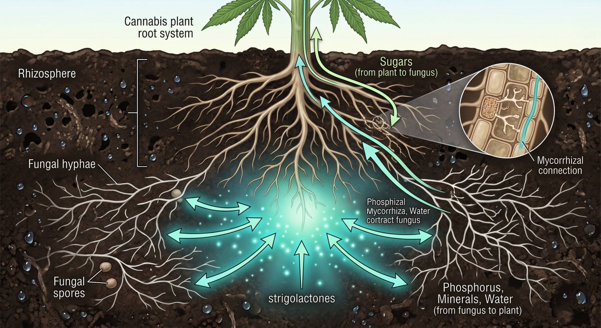 nova2cotton's tweet photo. Cannabis roots produce a chemical called strigolactone that fungi in the soil detect from several inches away, triggering them to grow toward the root and form symbiotic partnerships. The plant essentially runs a underground recruitment campaign, offering sugar contracts to microorganisms it's never met. Your plant has better networking skills than your LinkedIn profile. 

Keep on Growing O_O