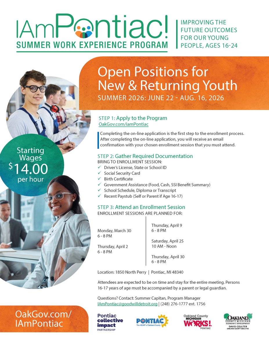 OaklandMIWorks's tweet image. There is one IAmPontiac info session left this month! #OaklandCounty residents ages 16-24 are invited to learn more about our summer work experience in partnership with the Pontiac Collective Impact Partnership and @cityofpontiacmi. Find details at OakGov.com/iamPontiac.