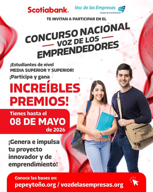 Convocatoria “Concurso Nacional Voz de los Emprendedores”, cuyo objetivo es premiar el talento de jóvenes emprendedores con proyectos e innovaciones de alto impacto.
🔗 vozdelasempresas.org/concurso-nacio…
📅 FECHA LÍMITE | 08 de mayo, 2026
📄 BASES | pepeytono.org/vozdelasempres…
<a href="/DIETipn/">DIET-IPN</a>