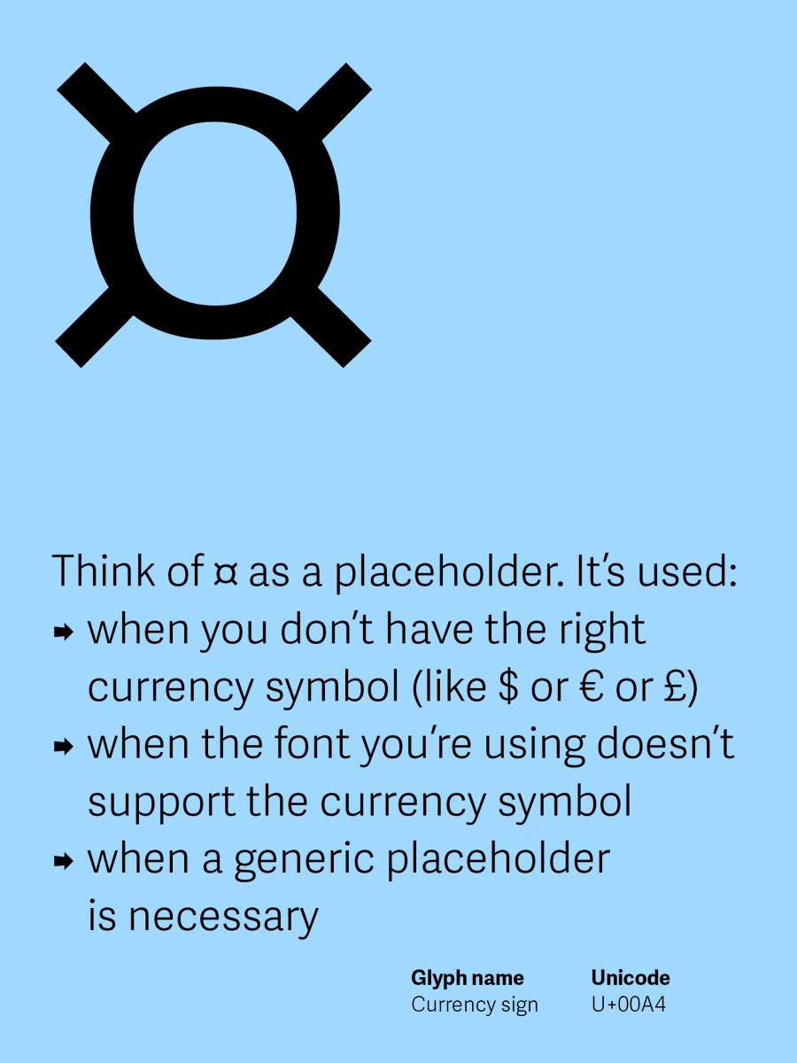 TypeTogether's tweet image. Money Monday – generic currency symbol /// Today’s symbol was first proposed in ISO-646 in 1972 as an alternative to having the dollar sign be the default currency symbol. Here are some examples from our catalogue – which is your favourite? 

#Typography #Fonts #GraphicDesign