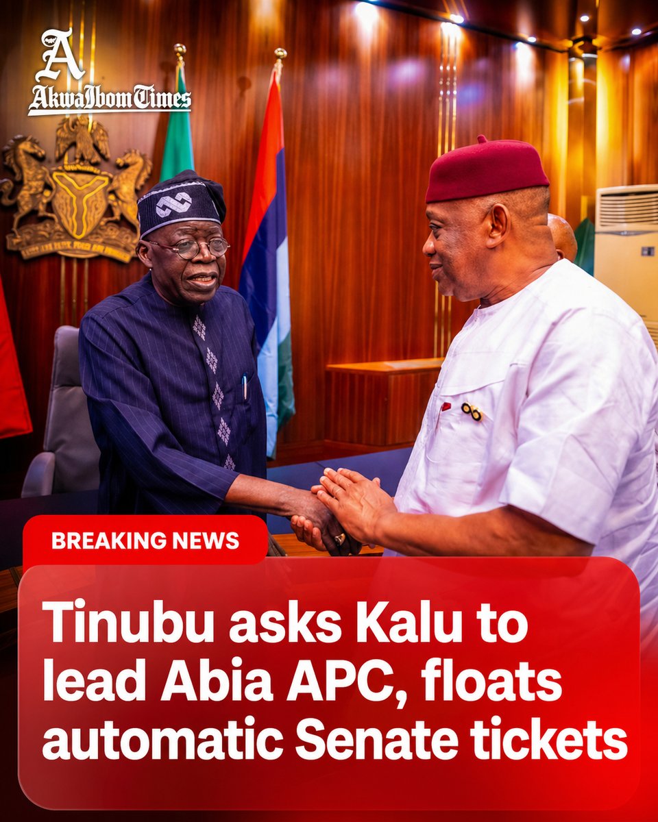 akwaibomtimes's tweet image. President Bola Tinubu has asked Senator Orji Uzor Kalu to coordinate APC activities in Abia State, amid talks over possible automatic Senate tickets ahead of 2027. 

READ:

akwaibomtimes.ng/tinubu-kalu-ab… 

----

#Tinubu #OrjiUzorKalu #AbiaAPC #APC #2027Elections #Senate