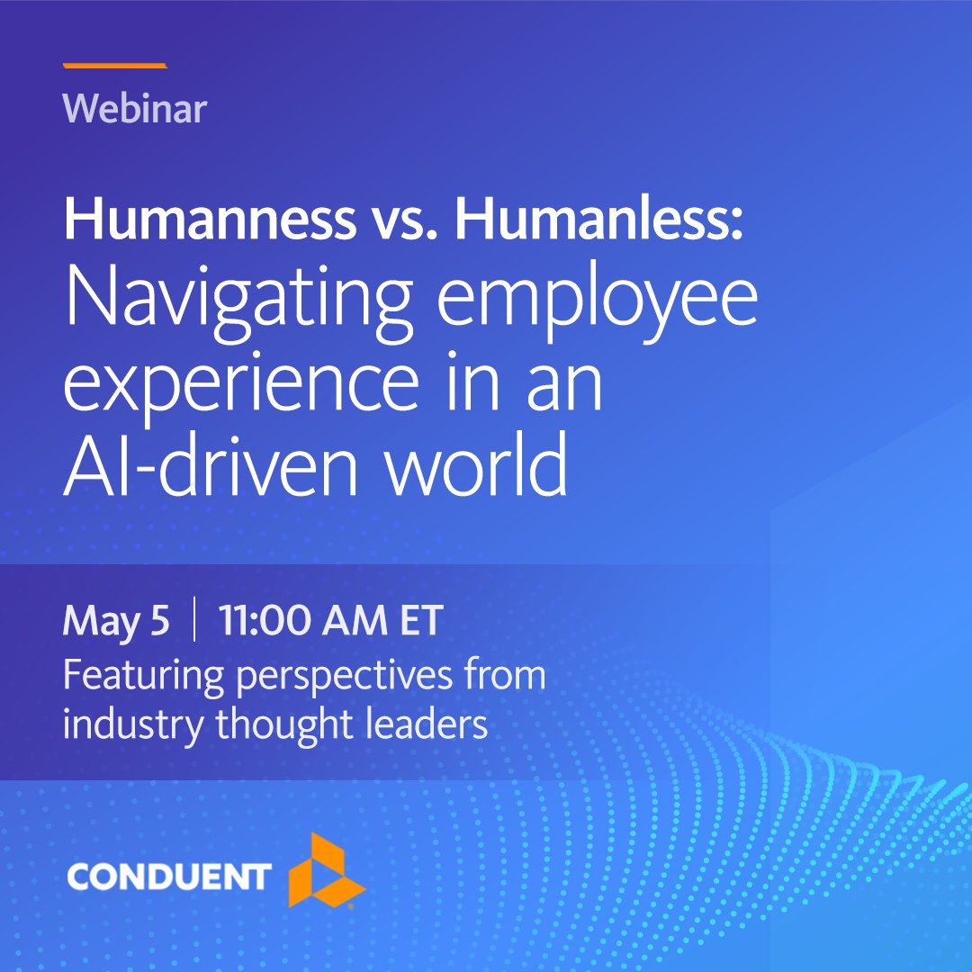 Conduent's tweet image. How “human” should #HR stay in an AI‑driven world? As automation reshapes HR and #benefits, employee expectations for clarity, empathy and connection haven’t declined — they’ve intensified. Join us to learn how organizations are striking the balance: bit.ly/4cuT3RU