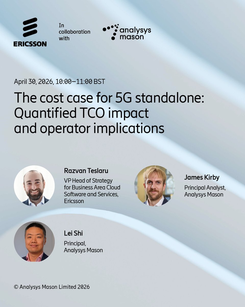 ericsson's tweet image. Join us for a webinar and get a data-driven look at 5G SA costs and value drivers in this webinar with @AnalysysMason on April 30!

💯 Online
🗓  Thursday, April 30, 2026
🕒 10:00 to 11:00 BST

👉 Sign up now and save your seat: m.eric.sn/jKBI50YQEqb

#5GSA #insights #telecoms