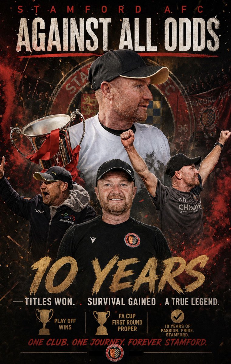 StamfordAFC1896's tweet photo. 𝗔𝗚𝗔𝗜𝗡𝗦𝗧 𝗔𝗟𝗟 𝗢𝗗𝗗𝗦 🎲 

10 years Testimonial of Graham Drury!

Drury’s legacy is one built on resilience, belief and relentless commitment. 

Ten years in one spell is no small feat in football but what’s been achieved in that time makes it truly remarkable.

Crowned Champions | FA Cup First Round Proper | Play Off Wins | Survival Secured | An Unbelievable record as a manger.

Doubted by some. Backed by many.

More than a manager… a leader, a legend, a legacy.

#GrahamDrurysBarmyArmy | #StamfordAFC | #UpTheDannies | #ATrueLegacy 
📸: @Robgasman | 🎨: @xhnataliex