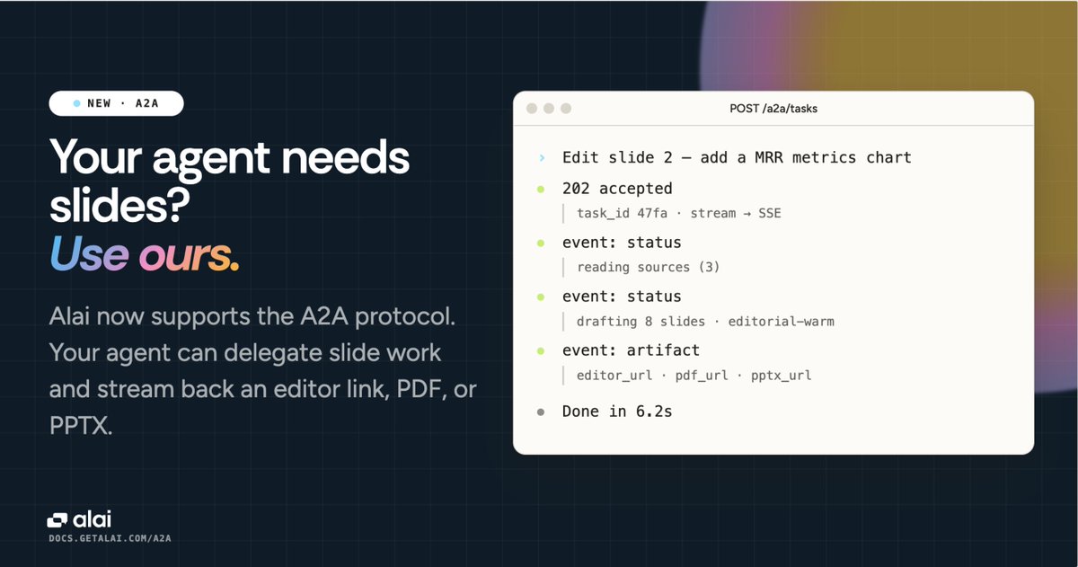 getalai's tweet photo. Alai just shipped A2A
→ Your agent sends a task
→ Alai's agent returns a finished deck as a link, PDF, or PPTX.
Link on how to set it up in the 📷 https://t.co/SyQry2F7Dy
