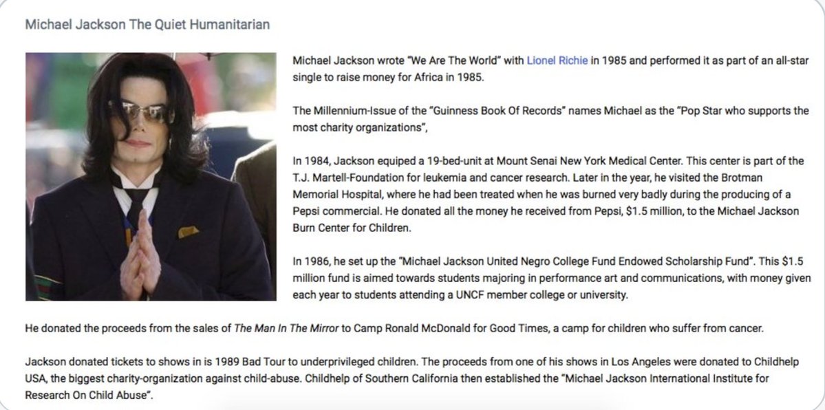 MJJJusticePrjct's tweet image. A man is known by his good works - Michael Jackson's #humanitarian efforts have been greatly overlooked because the REAL man did not align with the false narrative Media tried to force down our throats. See #MichaelMovie then do some research to confirm #facts before #fiction