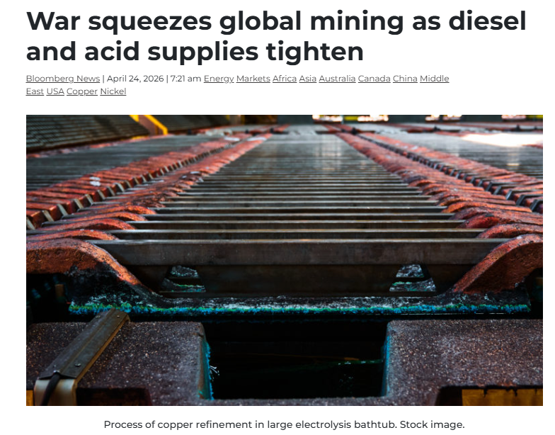 The global mining industry needs two things from the Middle East. Diesel and acid.

Many mines are in remote regions. Diesel fuel powers much of the equipment for mining, sometimes also the diesel generators for electricity.

About half of the world's supply of sulfur, and by