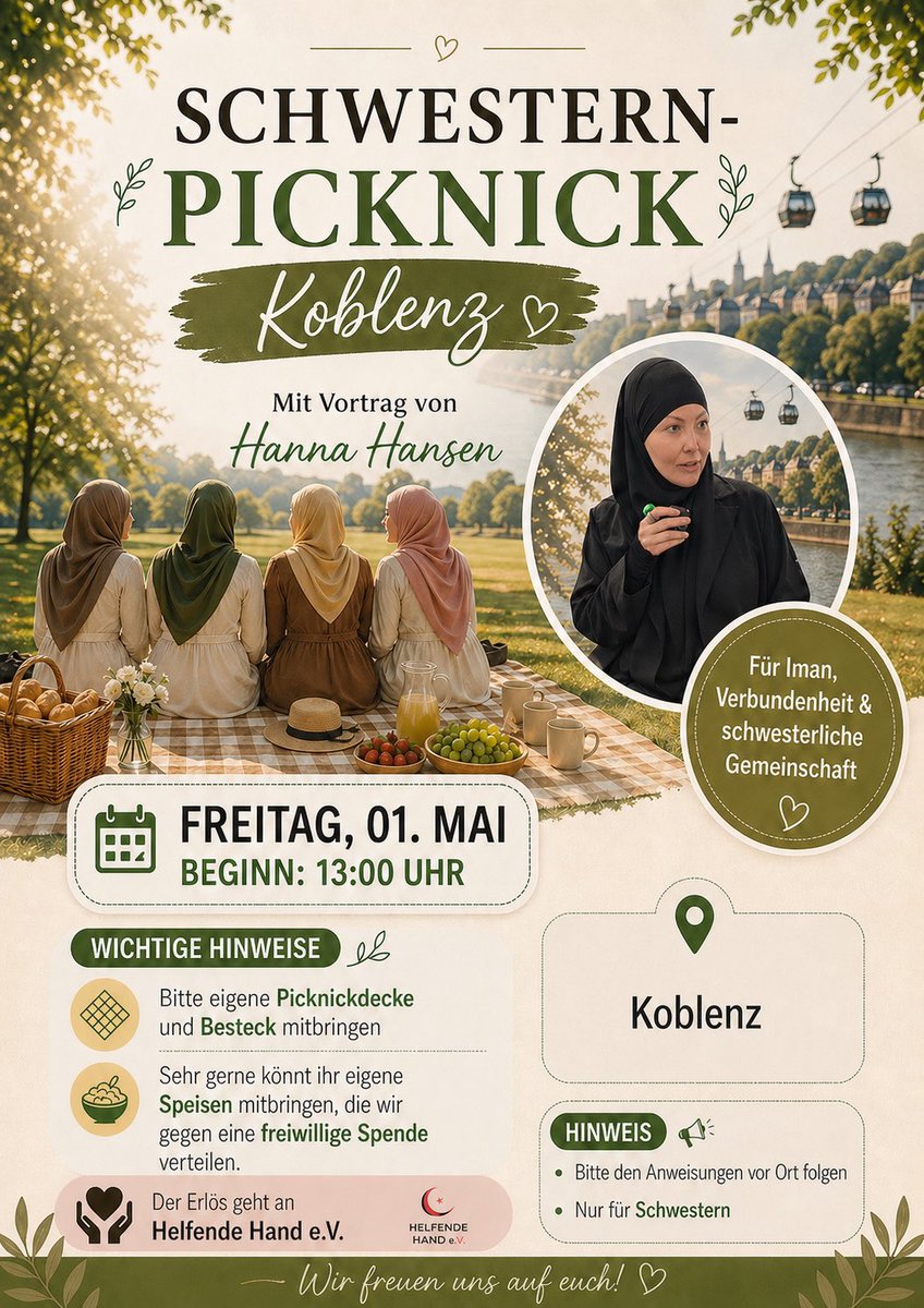 HannaHansen's tweet photo. Schwestern-Picknick #Koblenz 🌿
01. Mai | 13:00 Uhr |
Für Iman, Austausch & Gemeinschaft 🤍
Eigenes Essen willkommen
Nur für #Schwestern
#Picknick #Vortrag #Deutschland https://t.co/BmKp5URKg4