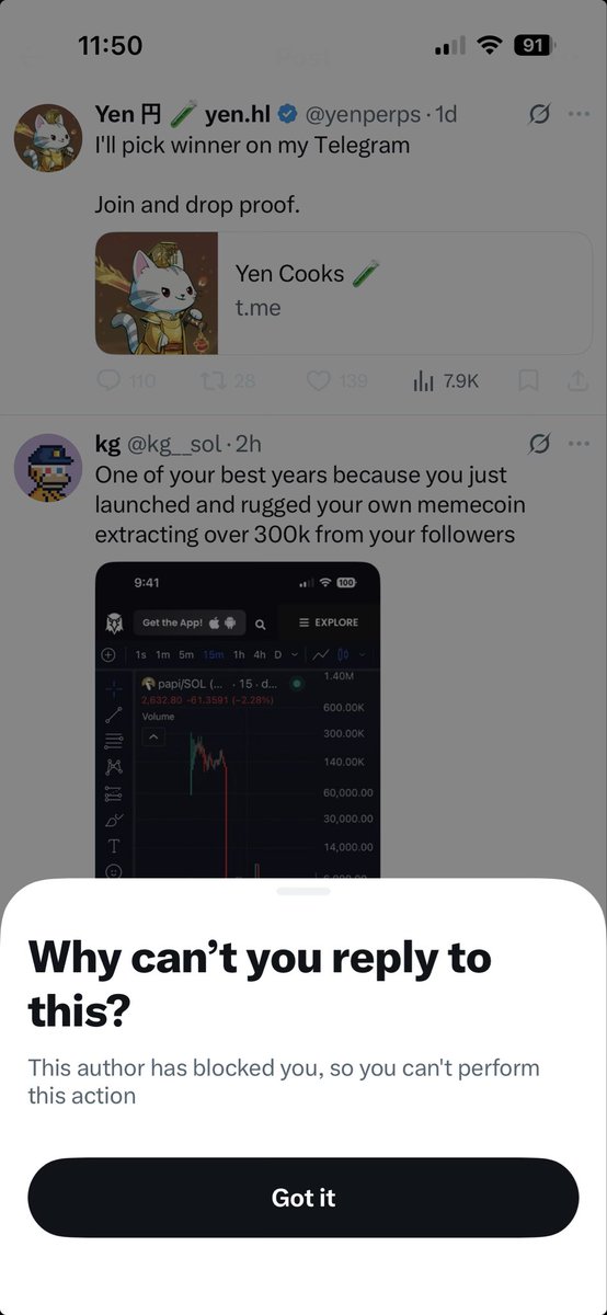 You know you’re doing a good job when scammers like <a href="/yenperps/">Yen 円 🧪 yen.hl</a> block you for calling them out. 

This is the new KOL meta

Launch token > bundle/snipe your supply  > promote it to your followers > rug for $300k profit > delete all posts about the token